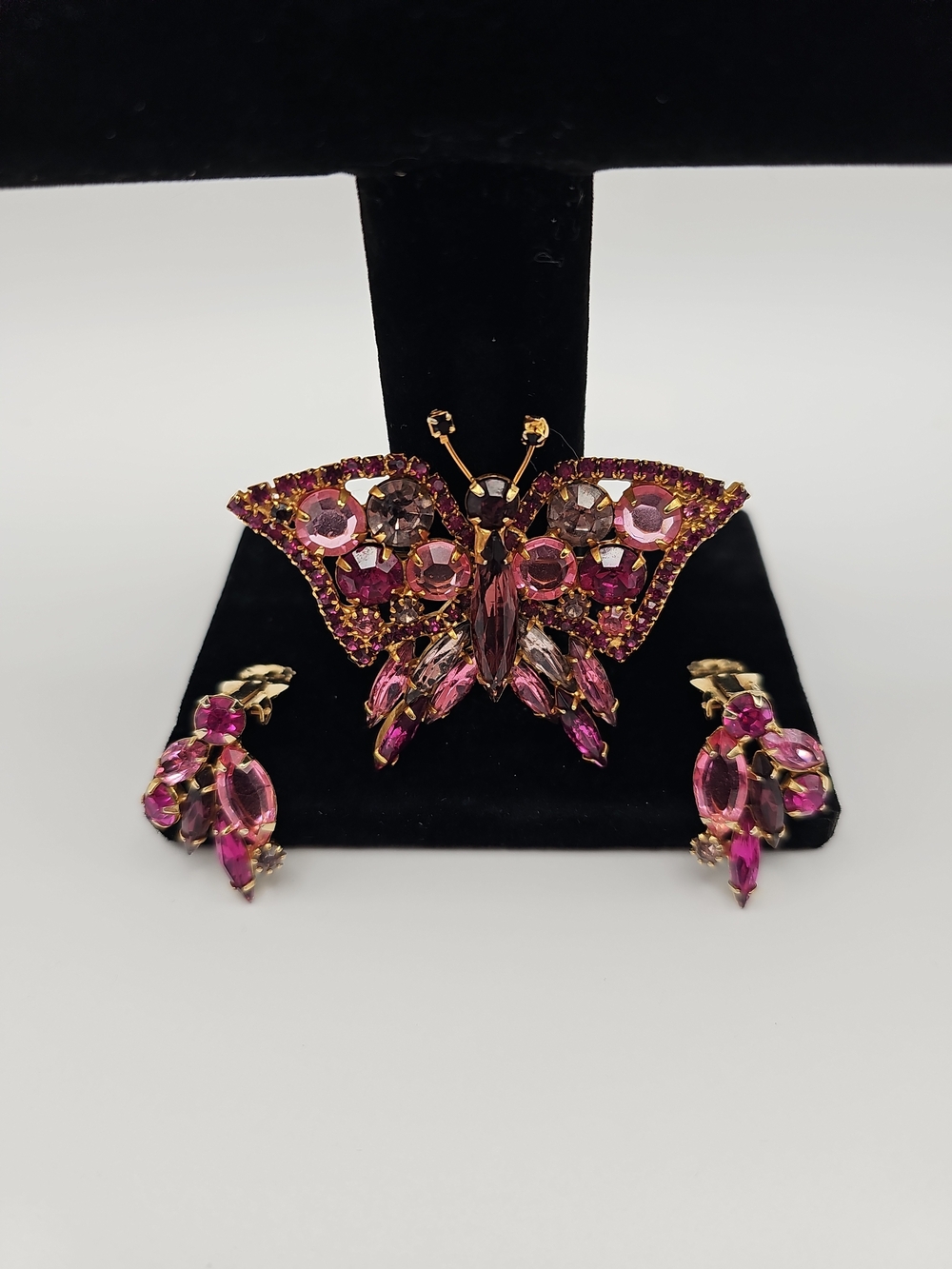 Pink Crystal Butterfly Brooch and Earring Set